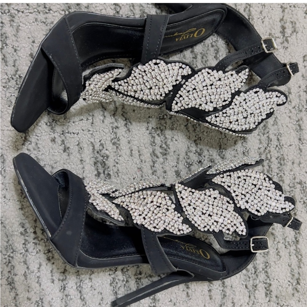 Olivia Black Buckle Rhinestone Diamond Heels - Picture 9 of 12
